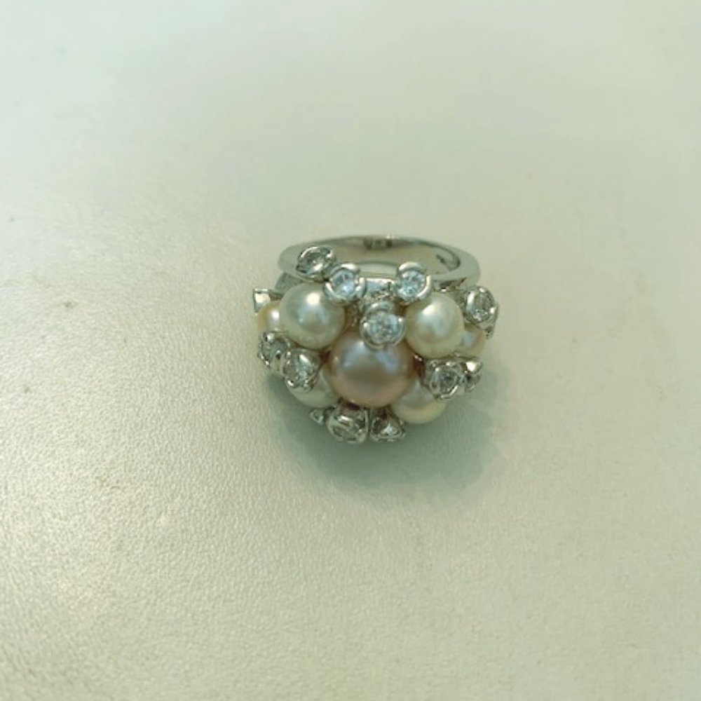 Pink & White Pearl & Rhinestones Cluster Ring Sz 7